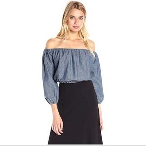 Theory off the shoulder denim crop top
